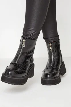 Limited Collection Black Croc Leather Look Zip Chunky Boots In Wide E Fit