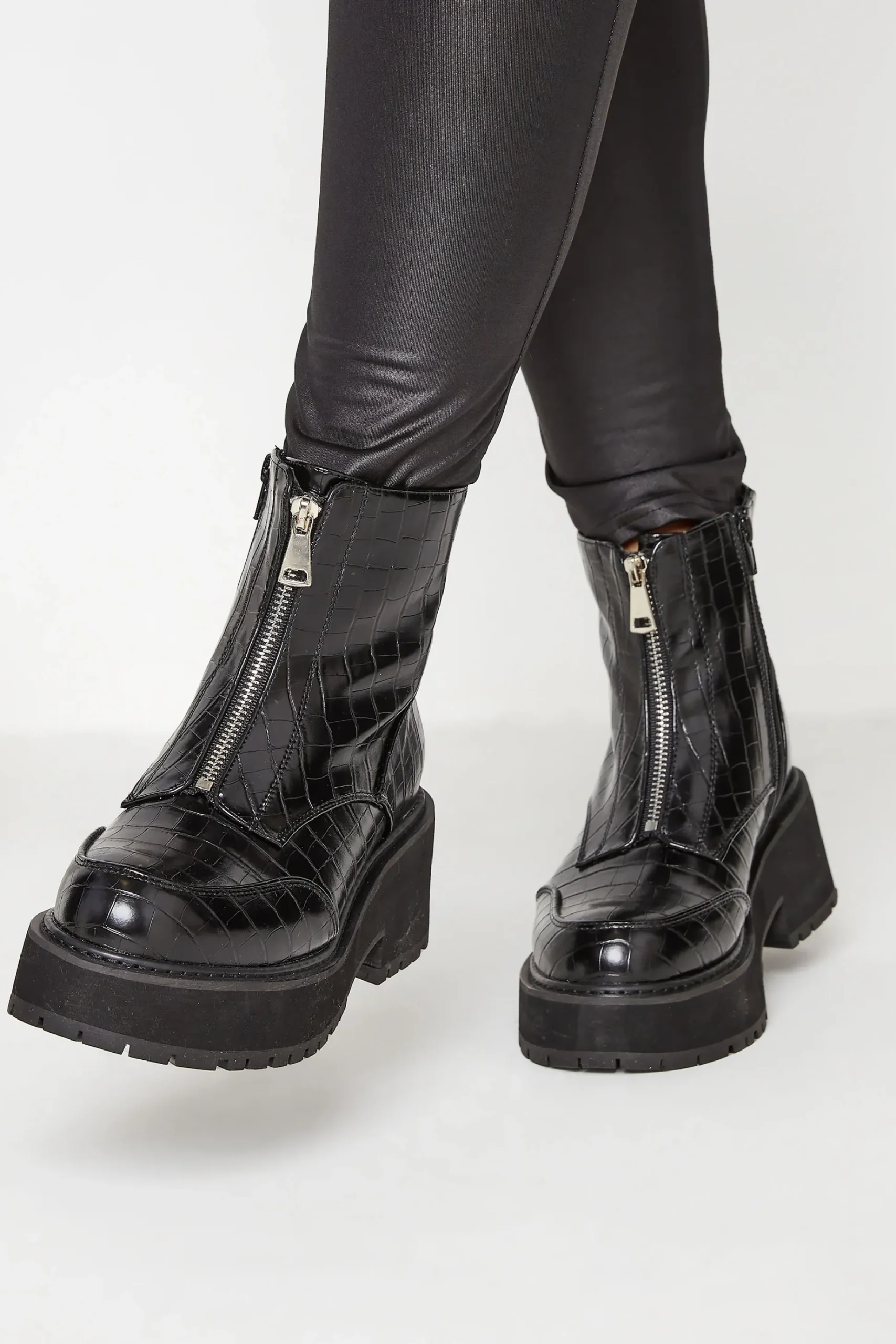 Limited Collection Black Croc Leather Look Zip Chunky Boots In Wide E Fit