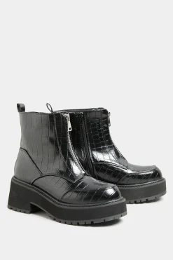 Limited Collection Black Croc Leather Look Zip Chunky Boots In Wide E Fit