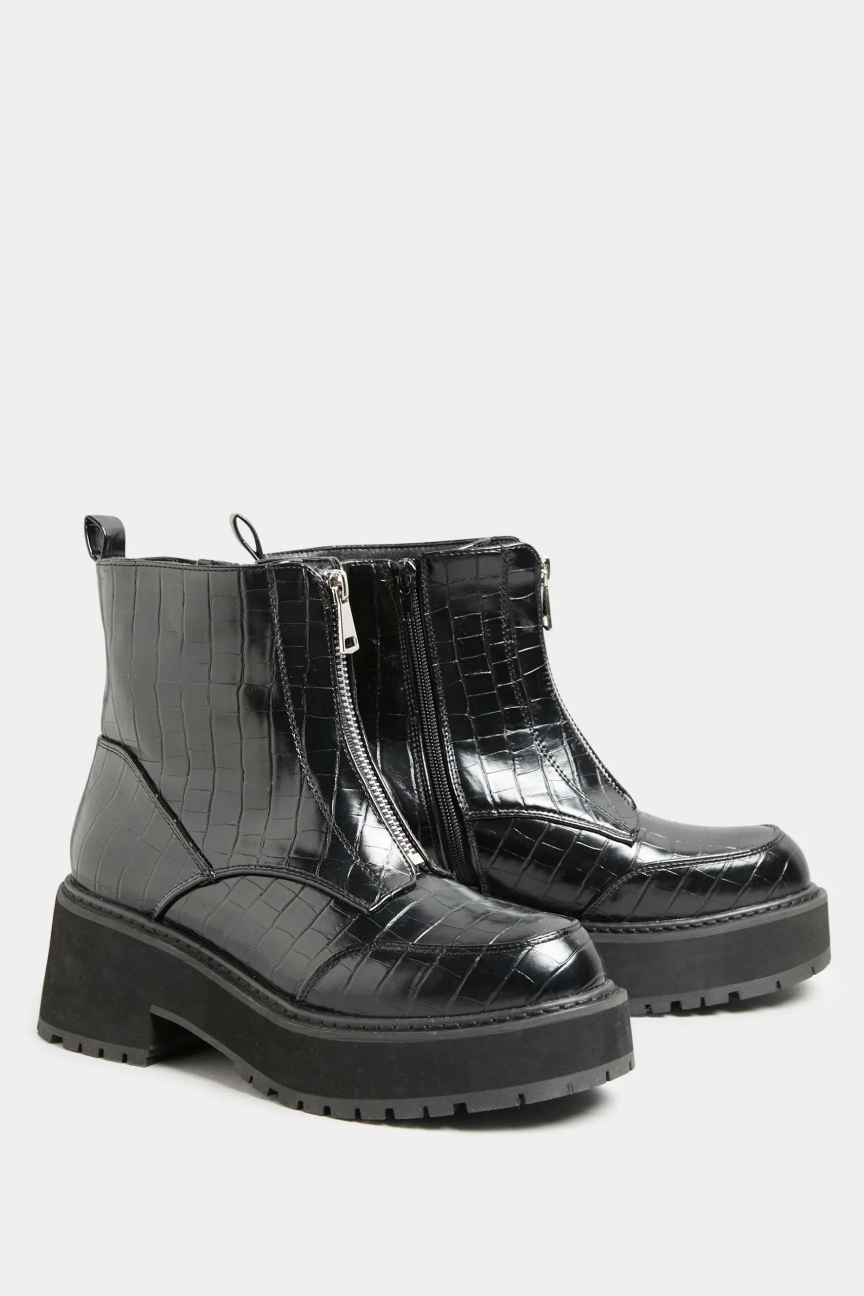 Limited Collection Black Croc Leather Look Zip Chunky Boots In Wide E Fit