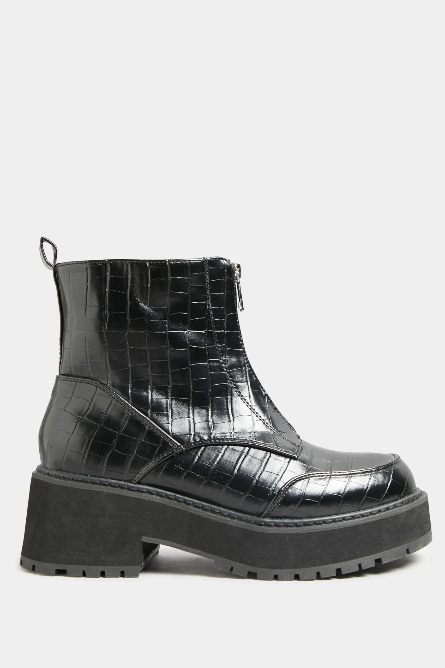 Limited Collection Black Croc Leather Look Zip Chunky Boots In Wide E Fit