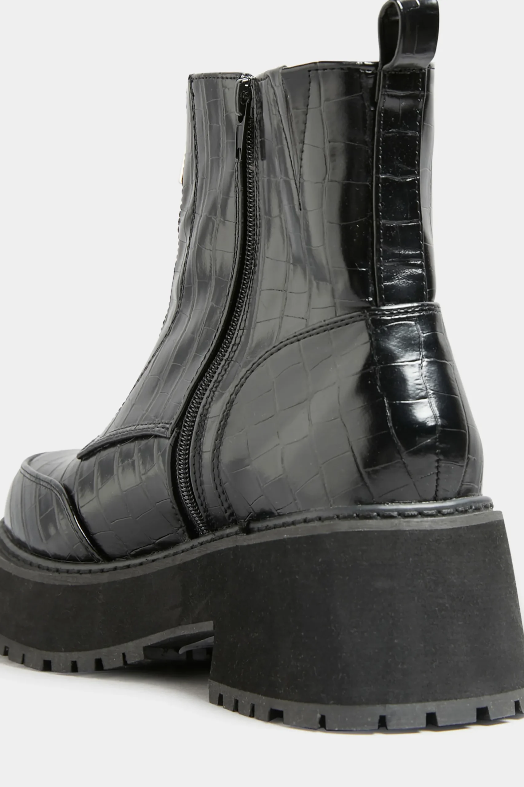 Limited Collection Black Croc Leather Look Zip Chunky Boots In Wide E Fit
