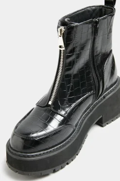 Limited Collection Black Croc Leather Look Zip Chunky Boots In Wide E Fit