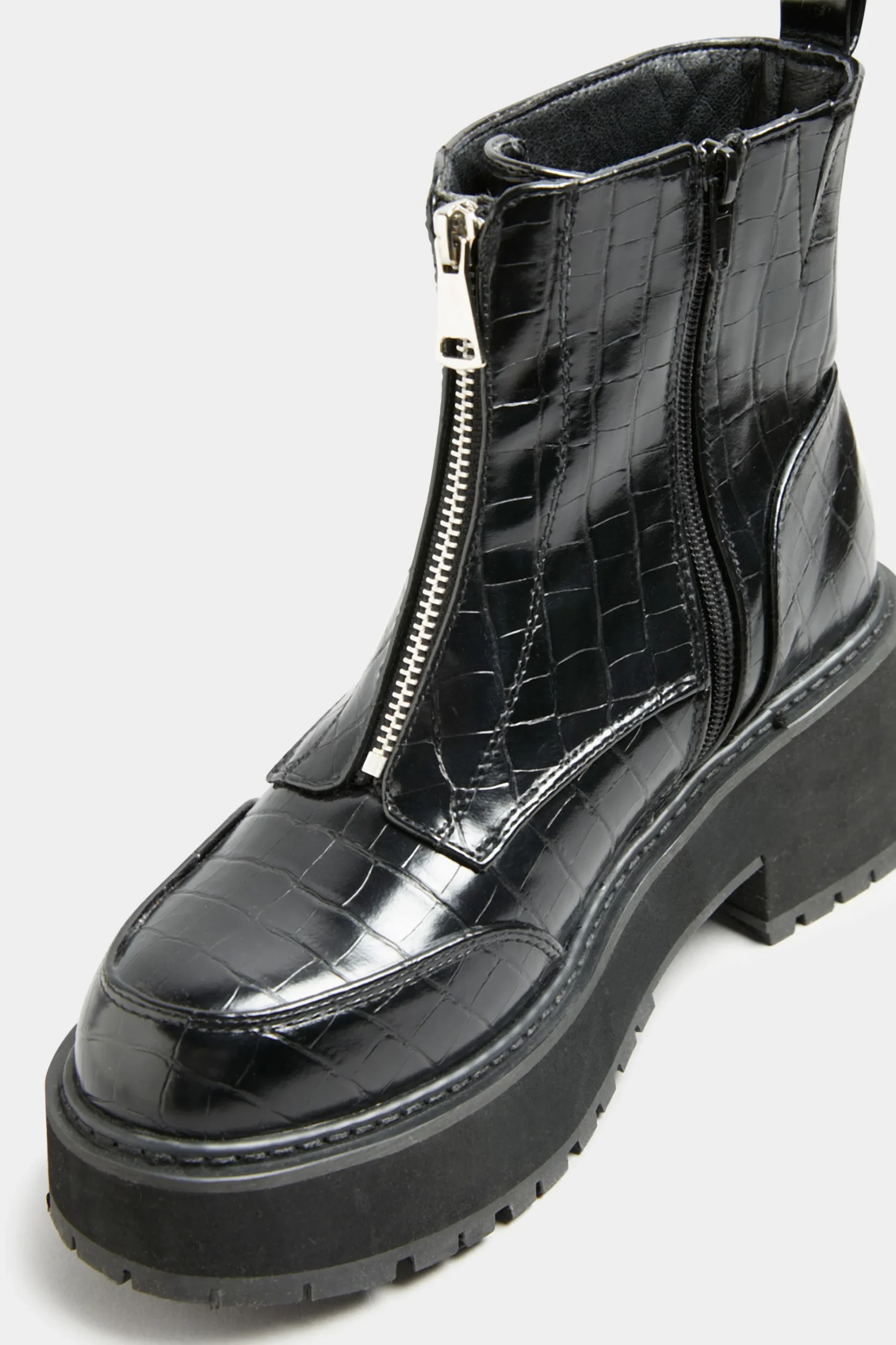 Limited Collection Black Croc Leather Look Zip Chunky Boots In Wide E Fit