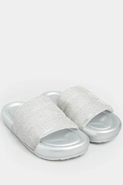 Limited Collection Limited Collection Silver Diamante Embellished Padded Silders In Wide E Fit