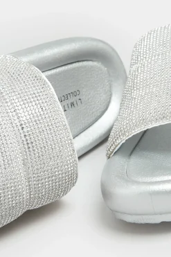 Limited Collection Limited Collection Silver Diamante Embellished Padded Silders In Wide E Fit