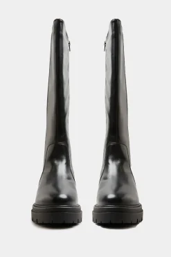 Limited Collection Limited Collection Black Elasticated Knee High Cleated Boots In Wide E Fit & Extra Wide Eee Fit