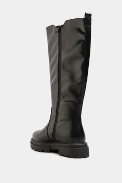 Limited Collection Limited Collection Black Elasticated Knee High Cleated Boots In Wide E Fit & Extra Wide Eee Fit