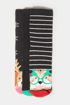 Lts Lts 3 Pack Black Christmas Dog Novelty Ankle Socks