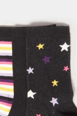 Lts Lts 3 Pack Black Star & Stripe Print Ankle Socks