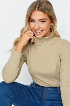 M&Co Womens M&Co Beige Brown Turtle Neck Long Sleeve Cotton Blend Top
