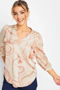 M&Co Womens M&Co Beige Brown Abstract Print 3/4 Sleeve Blouse