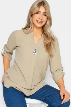 M&Co Womens M&Co Beige Brown Long Sleeve Button Blouse