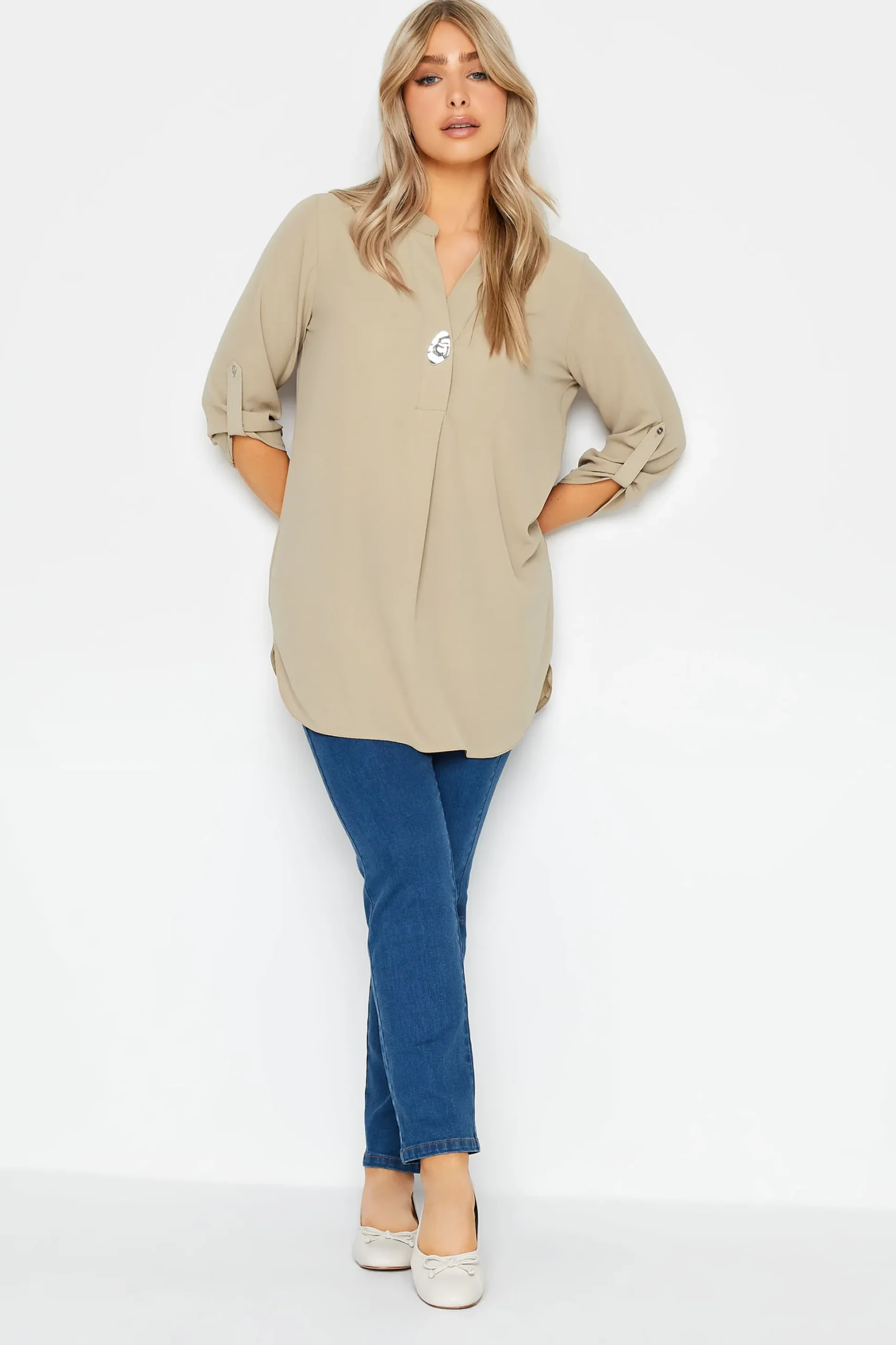M&Co Womens M&Co Beige Brown Long Sleeve Button Blouse