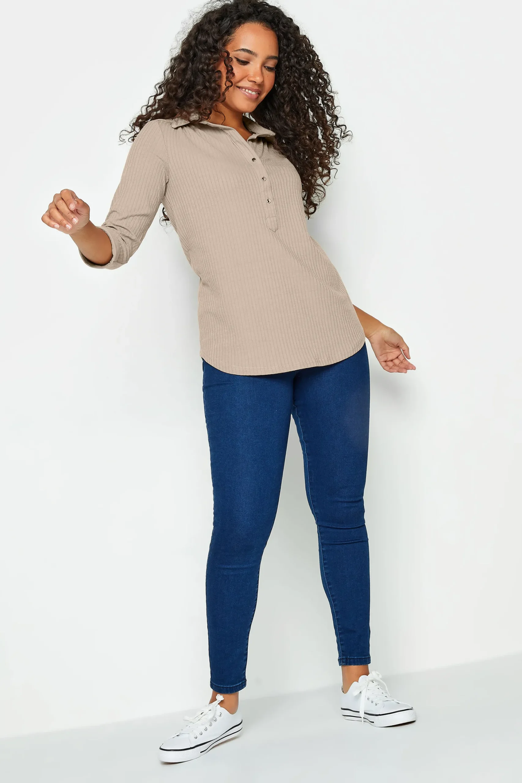 M&Co Womens M&Co Beige Brown Ribbed V-Neck Shirt