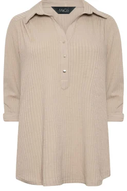 M&Co Womens M&Co Beige Brown Ribbed V-Neck Shirt