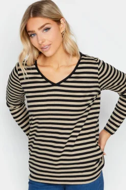 M&Co Womens M&Co Beige Brown Stripe V-Neck Cotton Long Sleeve T-Shirt