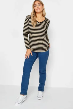 M&Co Womens M&Co Beige Brown Stripe V-Neck Cotton Long Sleeve T-Shirt