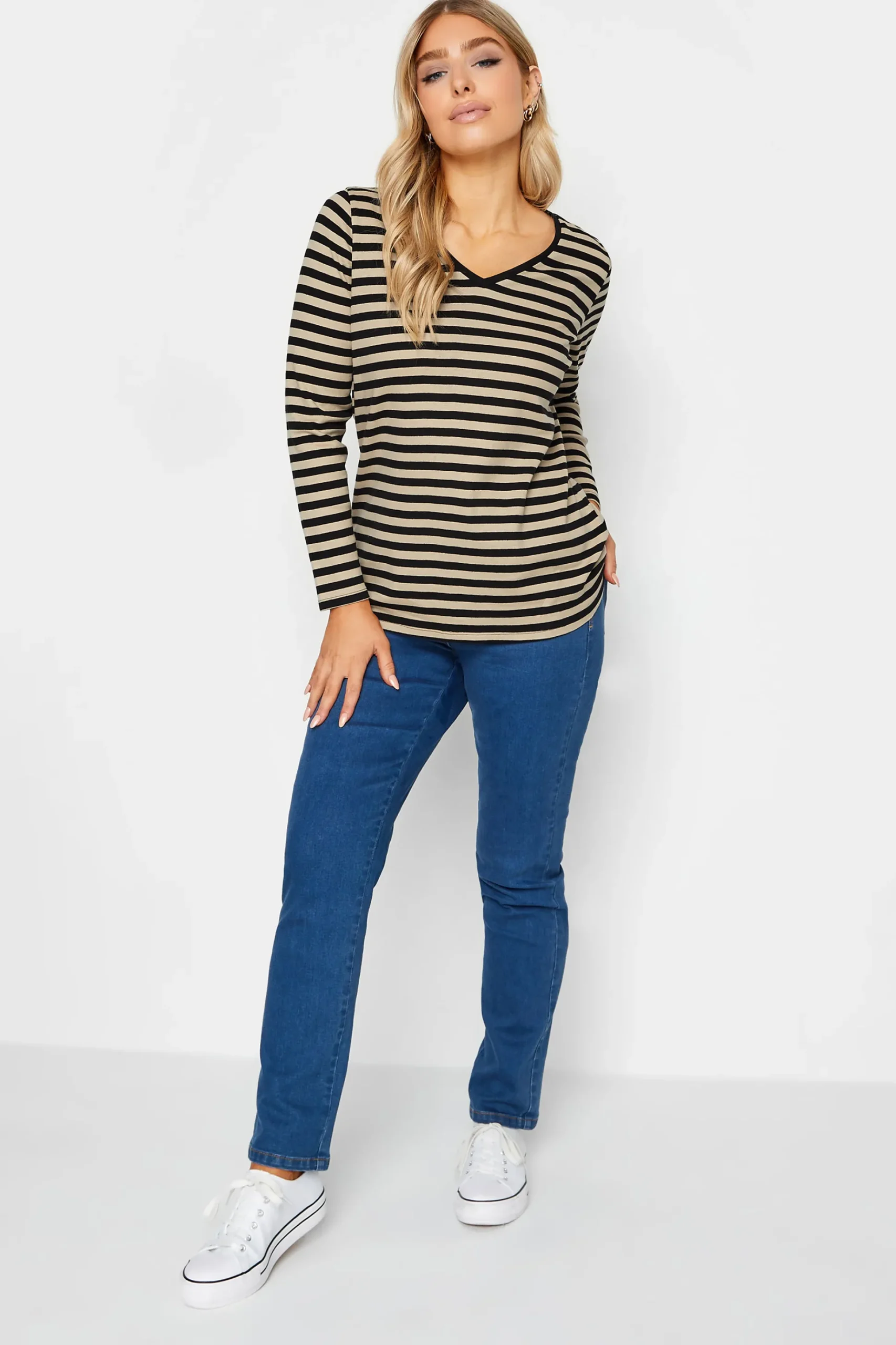 M&Co Womens M&Co Beige Brown Stripe V-Neck Cotton Long Sleeve T-Shirt