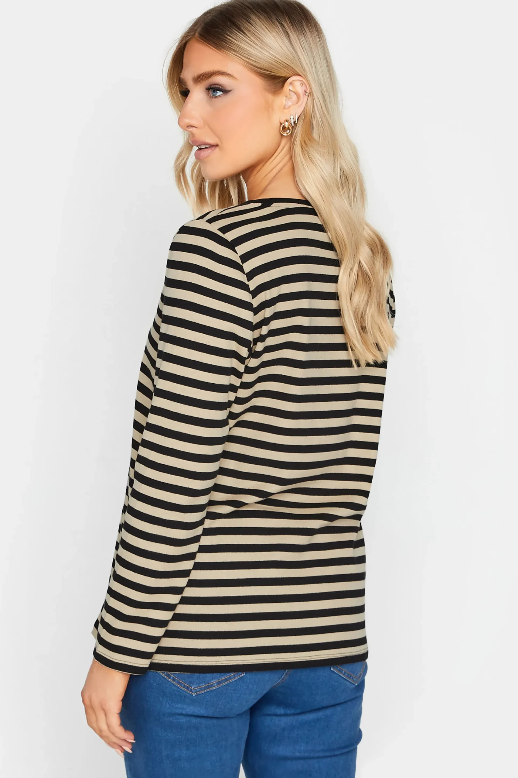 M&Co Womens M&Co Beige Brown Stripe V-Neck Cotton Long Sleeve T-Shirt