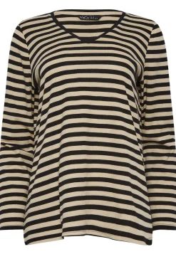M&Co Womens M&Co Beige Brown Stripe V-Neck Cotton Long Sleeve T-Shirt