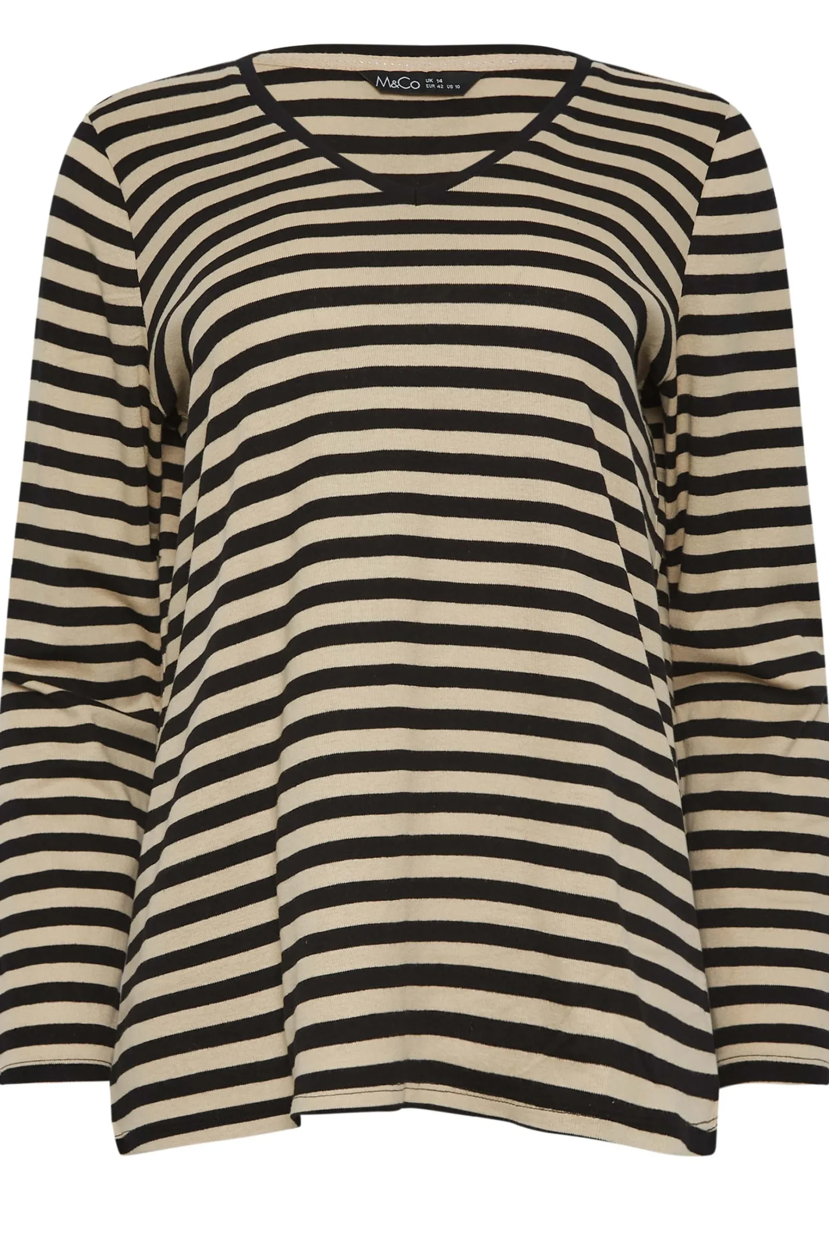 M&Co Womens M&Co Beige Brown Stripe V-Neck Cotton Long Sleeve T-Shirt