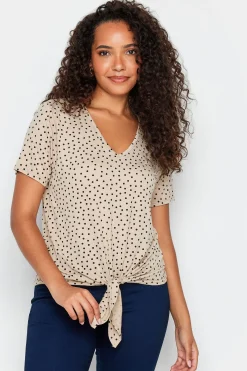 M&Co Womens M&Co Beige Brown Spot Print Tie Detail T-Shirt