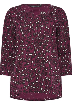 M&Co Womens M&Co Berry Red Animal Print Cotton Henley Top