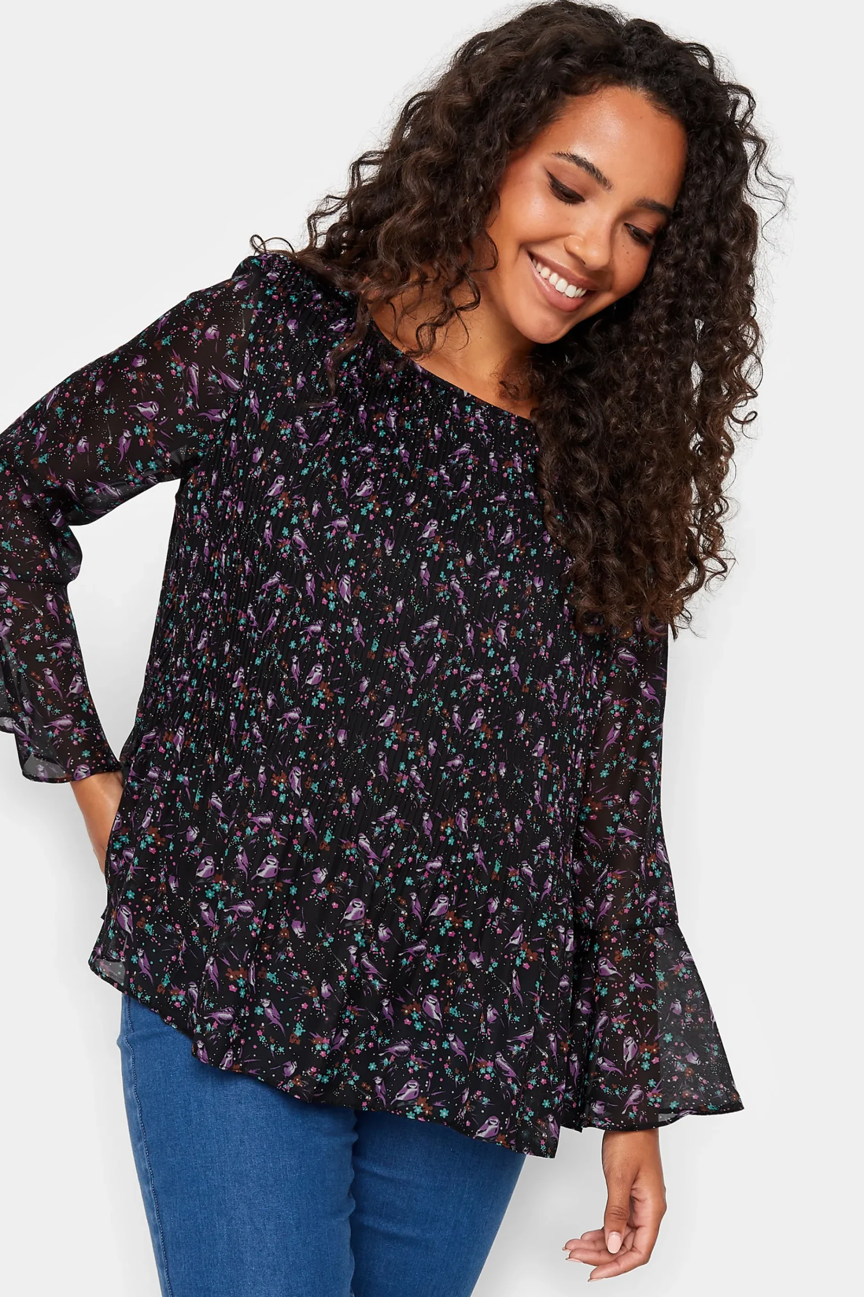 M&Co Womens M&Co Bird Print Pleated Blouse