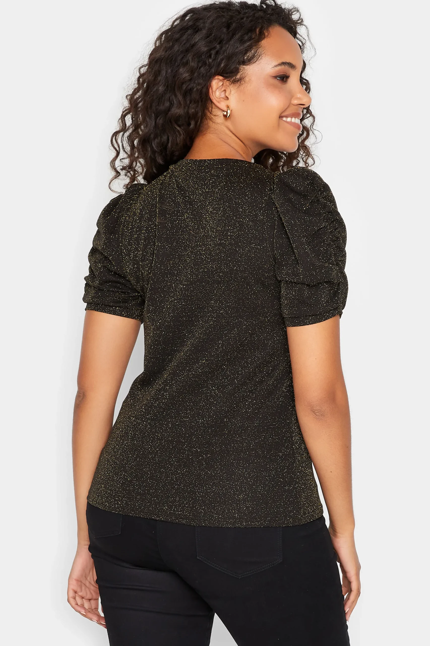 M&Co Womens M&Co Black & Gold Shimmer Ruched Sleeve Blouse