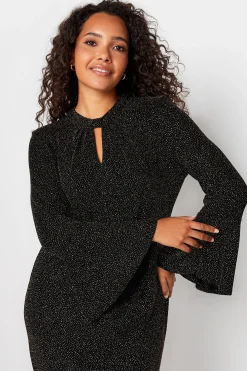 M&Co Womens M&Co Black & Gold Shimmer Bell Sleeve Dress
