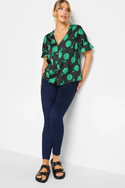 M&Co Womens M&Co Black & Green Floral Print Frill Sleeve Blouse