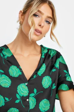 M&Co Womens M&Co Black & Green Floral Print Frill Sleeve Blouse