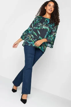 M&Co Womens M&Co Black & Green Floral Print Flute Sleeve Blouse