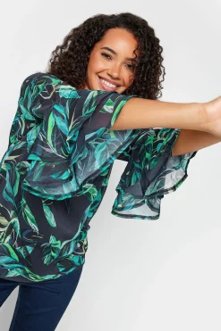 M&Co Womens M&Co Black & Green Floral Print Flute Sleeve Blouse