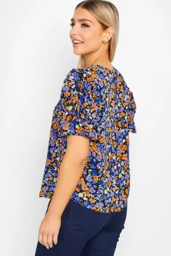 M&Co Womens M&Co Black & Orange Floral Print Puff Sleeve Blouse