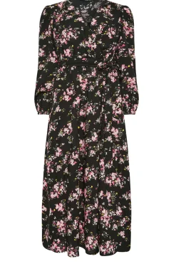 M&Co Womens M&Co Black & Pink Floral Print Wrap Front Dress