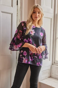 M&Co Womens M&Co Black & Pink Floral Print Flute Sleeve Blouse