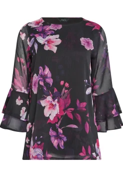 M&Co Womens M&Co Black & Pink Floral Print Flute Sleeve Blouse