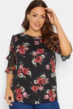 M&Co Womens M&Co Black & Red Floral Double Frill Sleeve Blouse