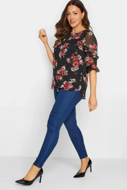 M&Co Womens M&Co Black & Red Floral Double Frill Sleeve Blouse