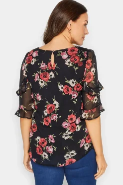 M&Co Womens M&Co Black & Red Floral Double Frill Sleeve Blouse