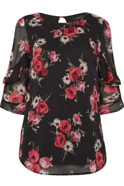 M&Co Womens M&Co Black & Red Floral Double Frill Sleeve Blouse