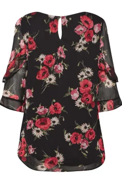 M&Co Womens M&Co Black & Red Floral Double Frill Sleeve Blouse