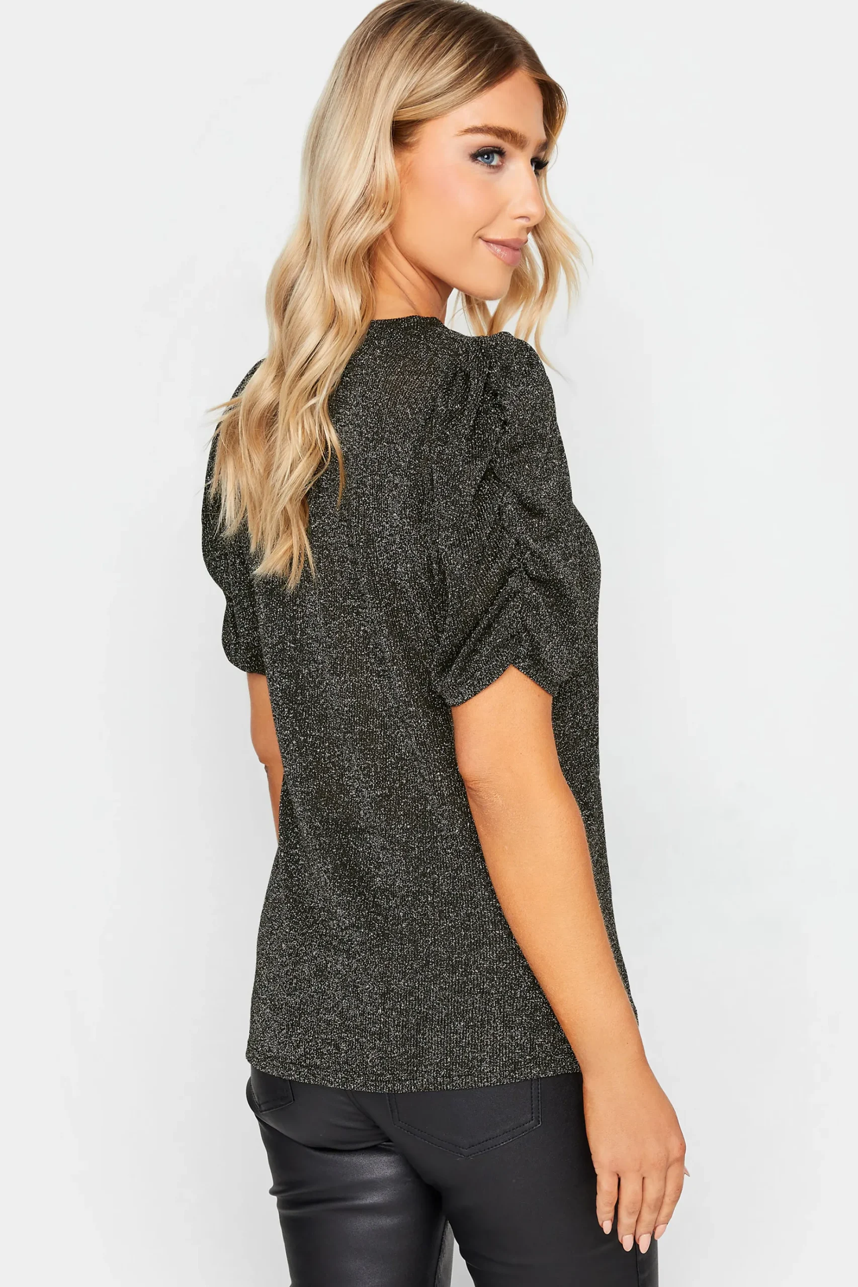 M&Co Womens M&Co Black & Silver Glitter Ruched Sleeve Blouse