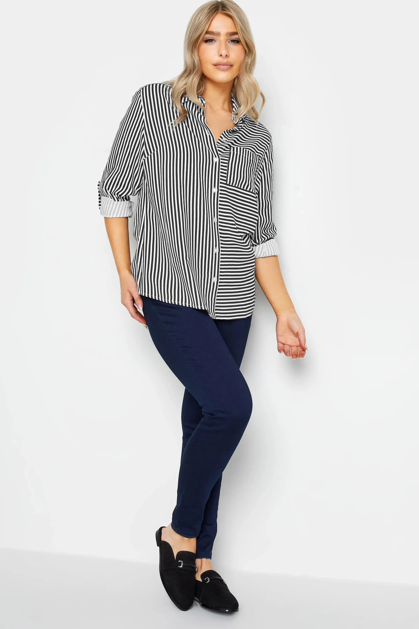 M&Co Womens M&Co Black & White Stripe Tab Sleeve Shirt