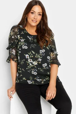 M&Co Womens M&Co Black & White Floral Double Frill Sleeve Blouse