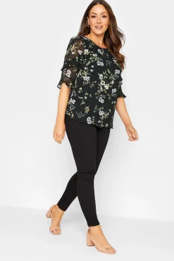 M&Co Womens M&Co Black & White Floral Double Frill Sleeve Blouse