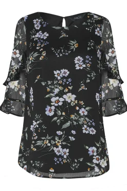 M&Co Womens M&Co Black & White Floral Double Frill Sleeve Blouse
