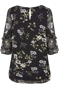 M&Co Womens M&Co Black & White Floral Double Frill Sleeve Blouse